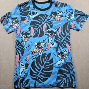 Disney Stitch Print Shirt Adult Small Blue Plant Tee Short Sleeve
